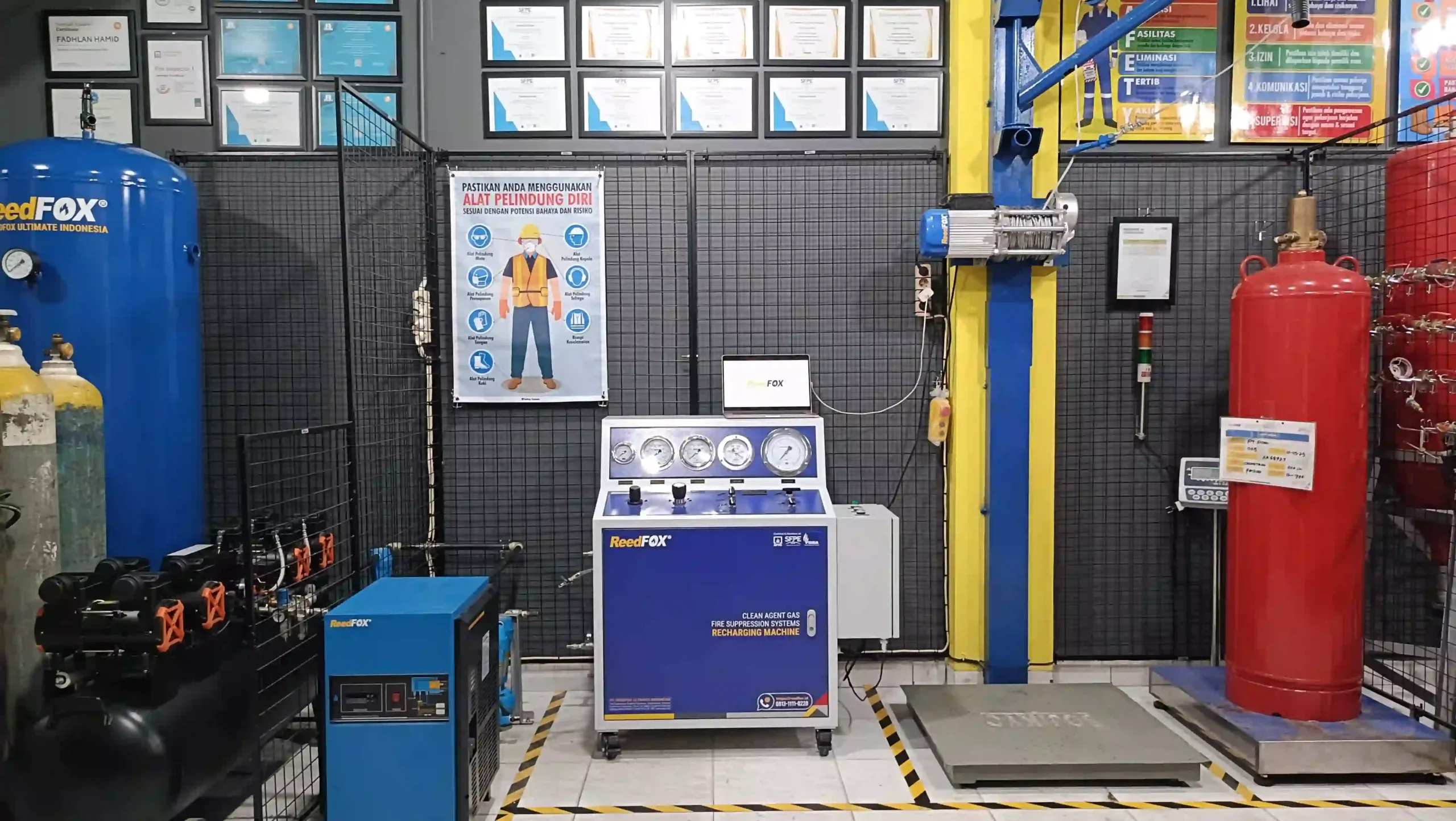 Refill FM200 Workshop refilling station ReedFOX Clean Agent Gas Fire Suppression Systems. Isi ulang FM-200, HFC-227ea, FK-5112, refill Novec, refill Inert Gas